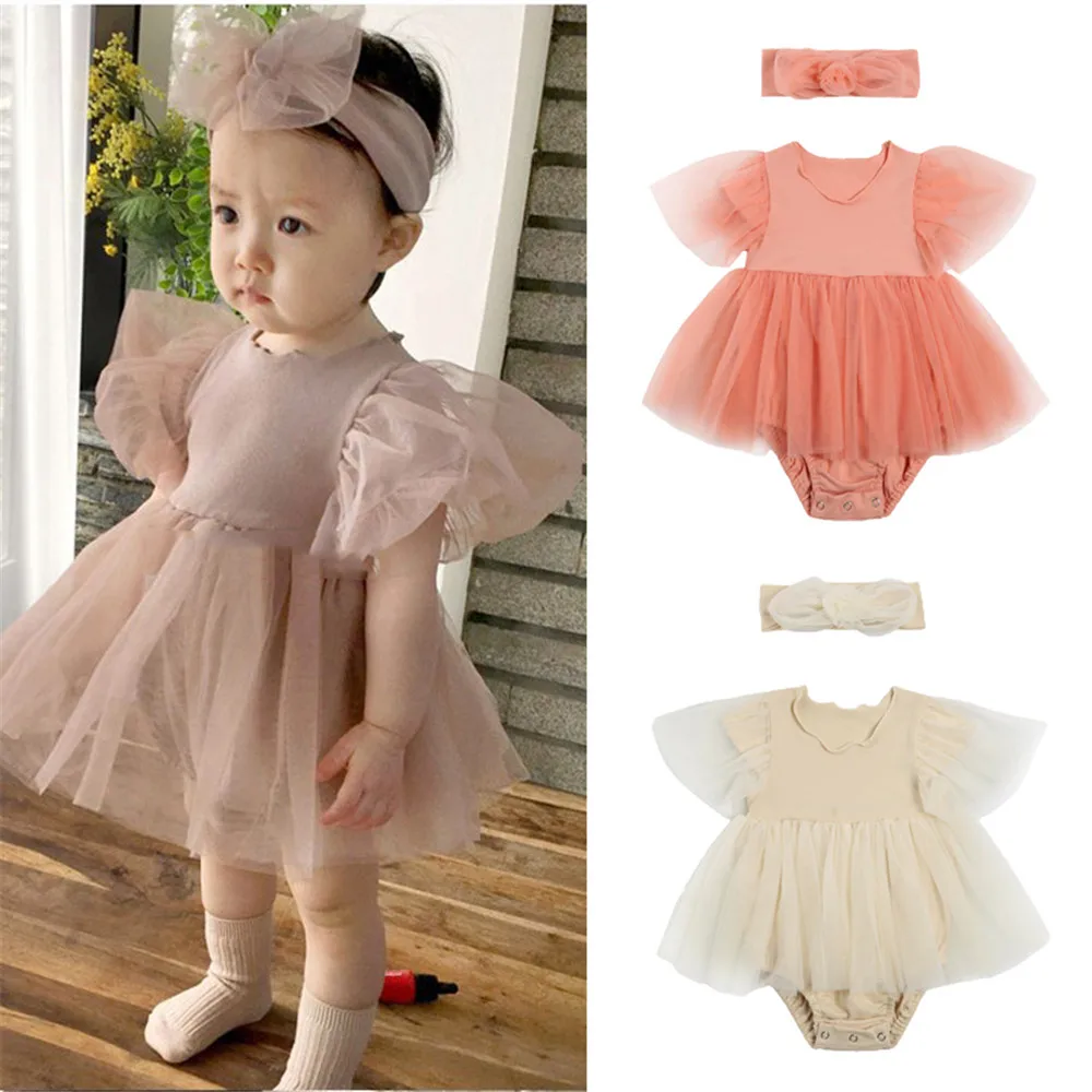 

Baby Girls Solid Color Romper Dress Headband Short Sleeve Bodysuits 0-24M Newborn Infant Toddler Summer Jumpsuits Outfits 2022