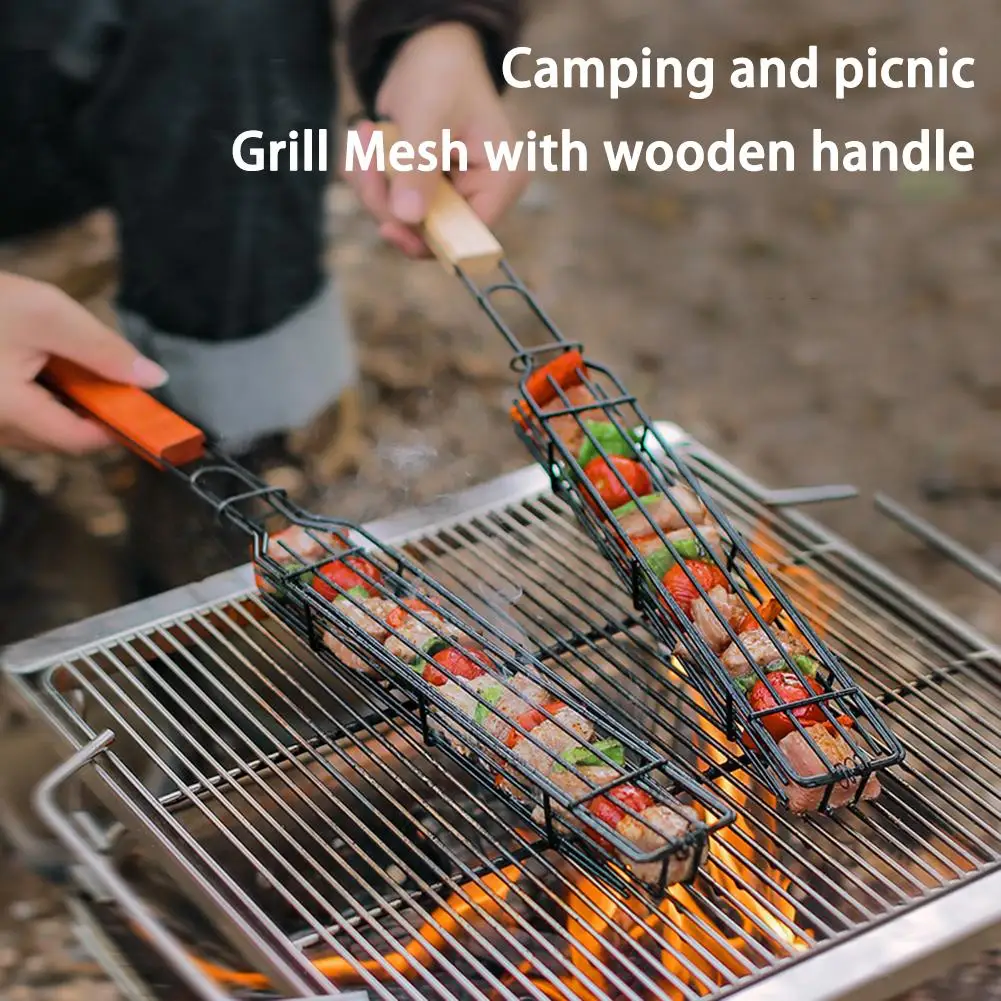 

Portable Grill Mesh Grilling Basket Camping Bbq Barbecue Tools With Wooden Handle For Outdoor Camping Picnic Cookware