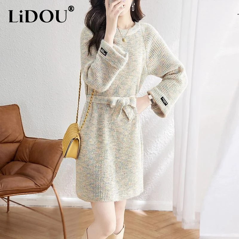 

Осенне-зимнее свободное повседневное вязаное платье с круглым вырезом на шнуровке, женское однотонное модное платье с поясом, мини-платья, женская одежда