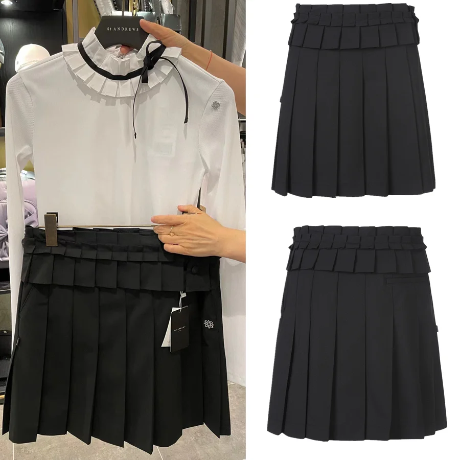 Spring and summer new golf skirt lace waist seal 100 pleated skirt high waist gentle lady style outdoor sports leisure elastic