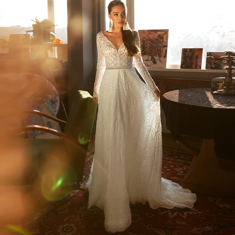 

Свадебные платья с длинным рукавом для невесты 2022, кружевные свадебные платья-трапеции с V-образным вырезом, винтажное платье в стиле бохо с ...