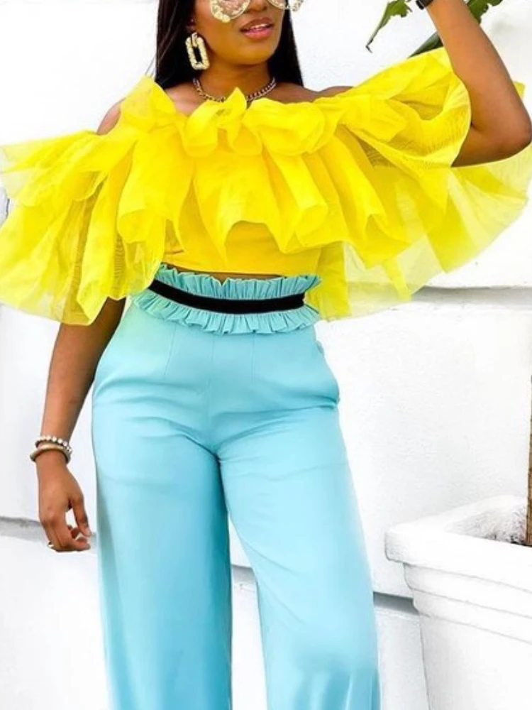 

Women Summer Yellow Short Blouses Bare Shoulder Flare Ruffles Crop Tops Shirt Elegant Lady Fashion Party Club Street Wear
