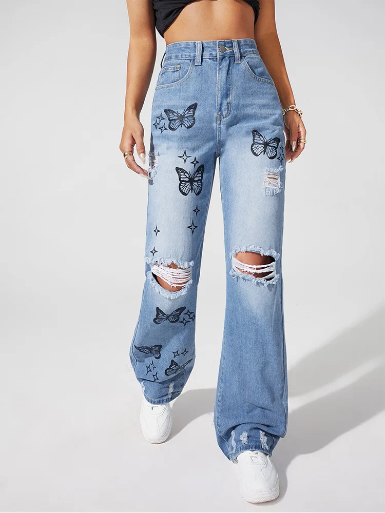 

Ripped Jeans Women Straight Leg Mom Jeans High Waist Loose Fit Pants Denim Butterfly Print Cotton Trousers Streetwear 2022 New