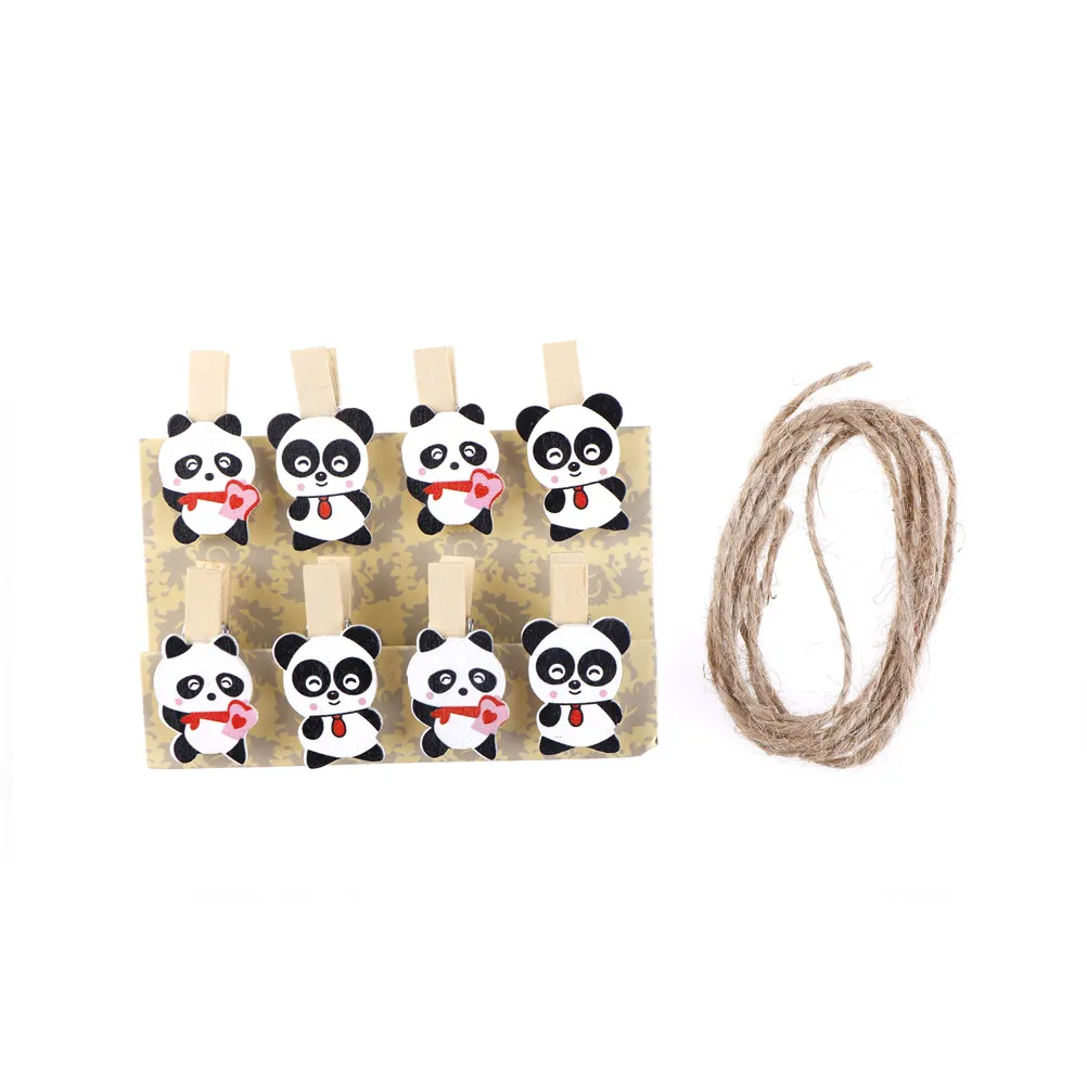

8PCS Cute and Elegant Style Cartoon panda Wood Clip Photo Paper Clip Craft Party Room Decor with Hemp Rope