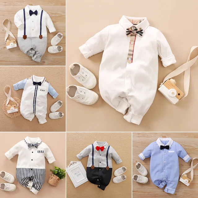 Baby Boy Bow Tie Romper Newborn Formal Suit Infant Long Sleeves Bodysuit Toddler Jumpsuits Onesies 0-18 Months 1