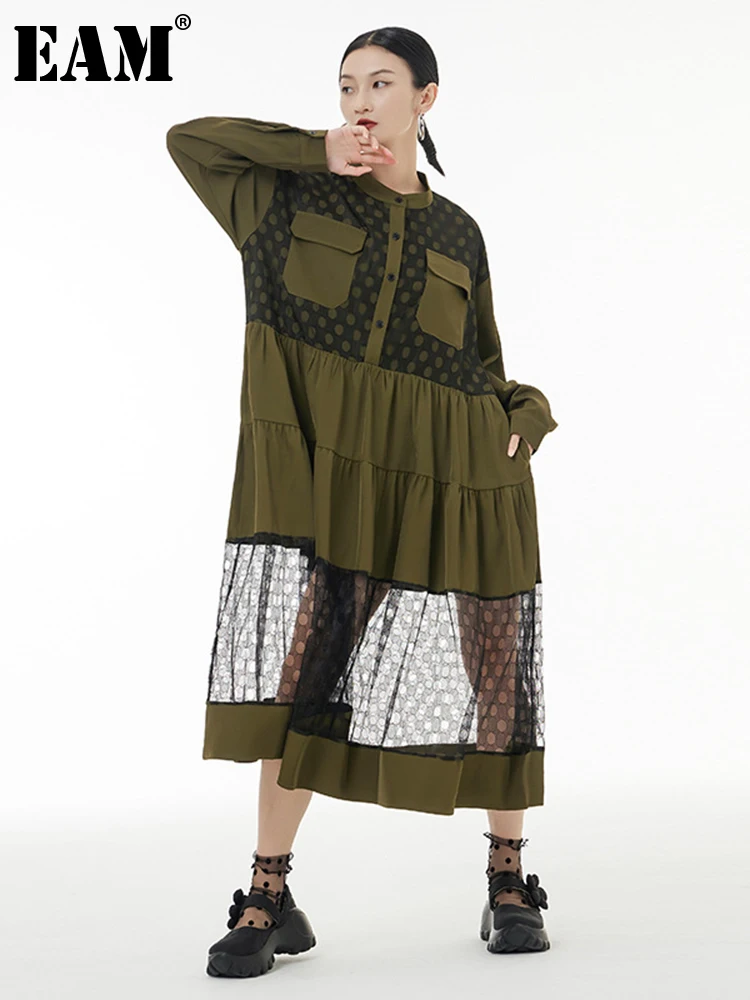 

[EAM] Women Army Green Mesh Big Size Long Dress New Stand Collar Long Sleeve Loose Fit Fashion Tide Spring Autumn 2023 1DF0174