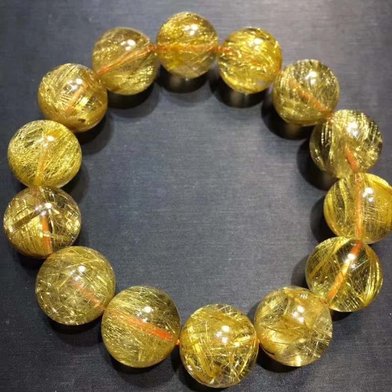 

Genuine Natural Gold Rutilated Quartz Clear Round Beads Bracelet 15mm Women Men Brazil Rutilated Cat Eye Wealthy Stone AAAAAA