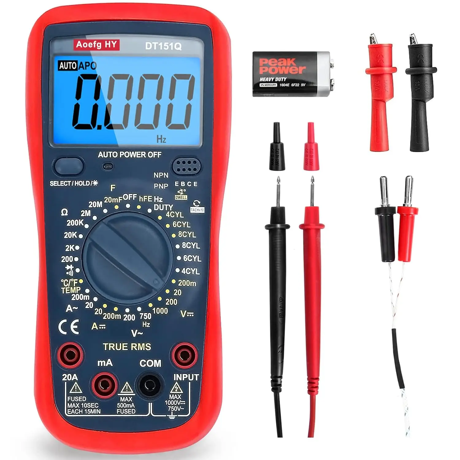 

Automotive Multimeter,AC DC Voltage Meter;Ohm,Ampere,Diode,Capacitance,Frequency,Temperature,hFE,LED Bulb,Transistor,Automobile