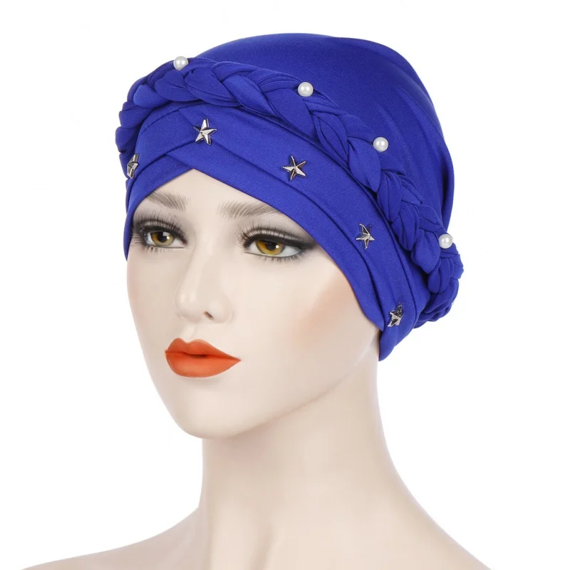 

Muslim European and American Foreign Trade Nail Five-Pointed Star Monochrome Single Pearl Braid Toque Cap Milk Silk India Toque