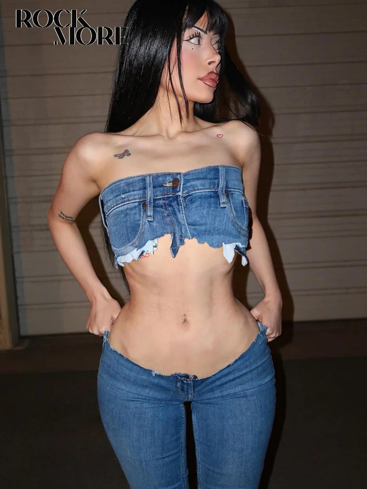 

Rockmore Sexy Tube Top Denim Y2K Streetwear Off Shoulder Crop Corset Summer Fashion Super-short Backless Camis Women Clubwear