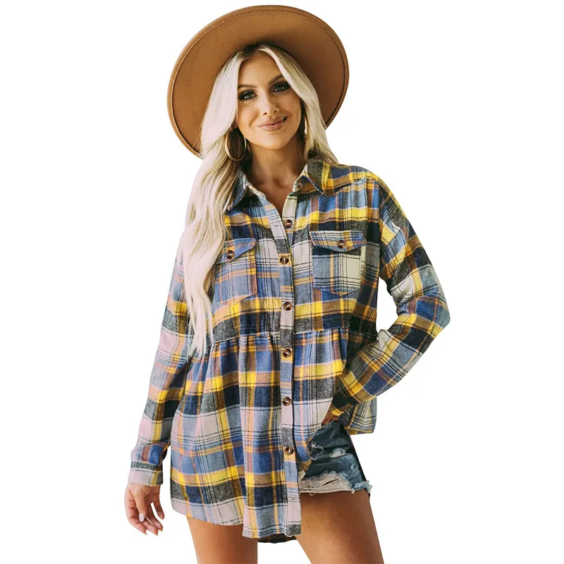 2022 Women's Tops Autumn and Winter New Products Lapel Long-sleeved Pockets Casual Comfortable Plaid Shirt Womens Tops