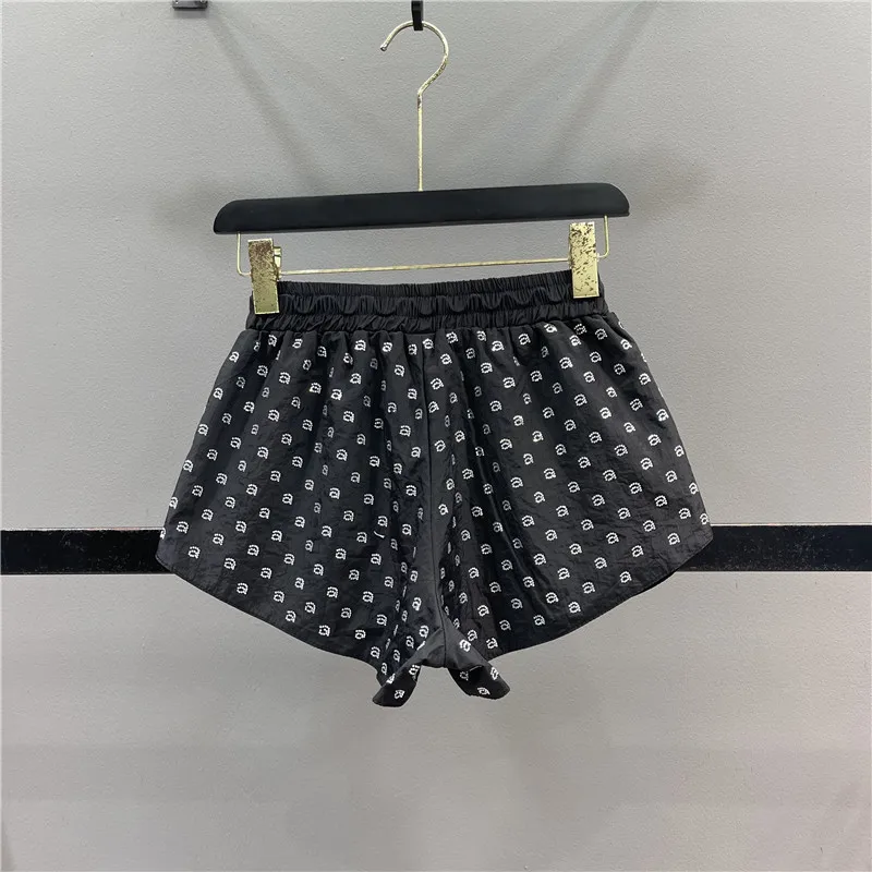 Black Elastic Waist Shorts Rhinestone Letters Wide Leg Shorts Women's Summer Thin Sports Casual Pants Slim Fit Short Hot Pants