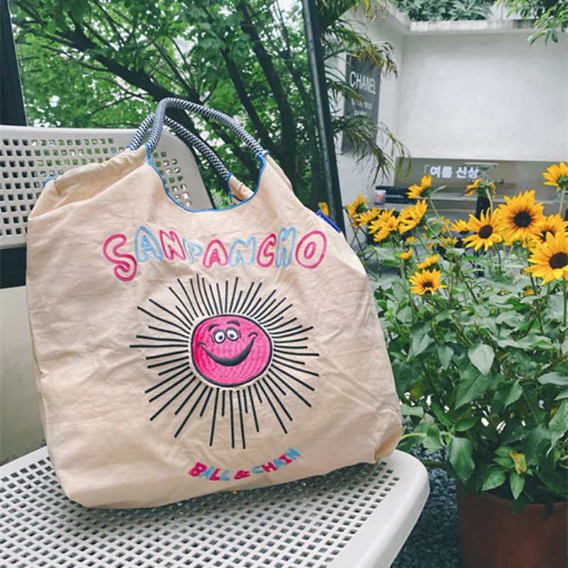 

Large Nylon Tote Bag Sun Embroidery Shoulder Bags for Women Designer Eco Bag Nylon Shopper Purses and Handbags Drawstring Hobo
