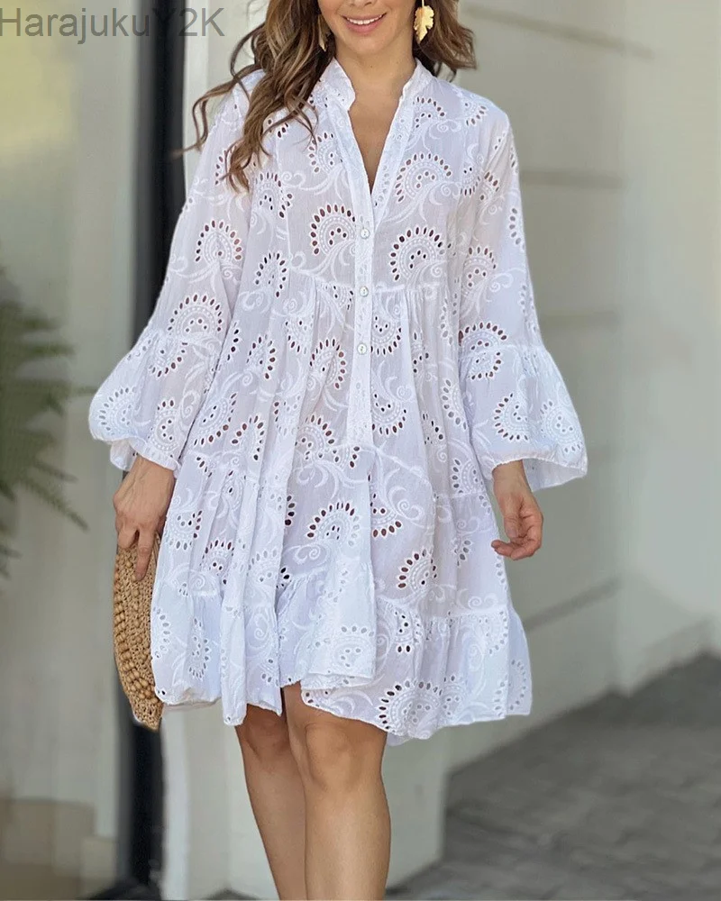 

Summer Elegant Vintage Solid Lace Dress V-neck Loose Hollow Out Pattern Embroidery Vestidos Women Beach Sexy Mini Dresses