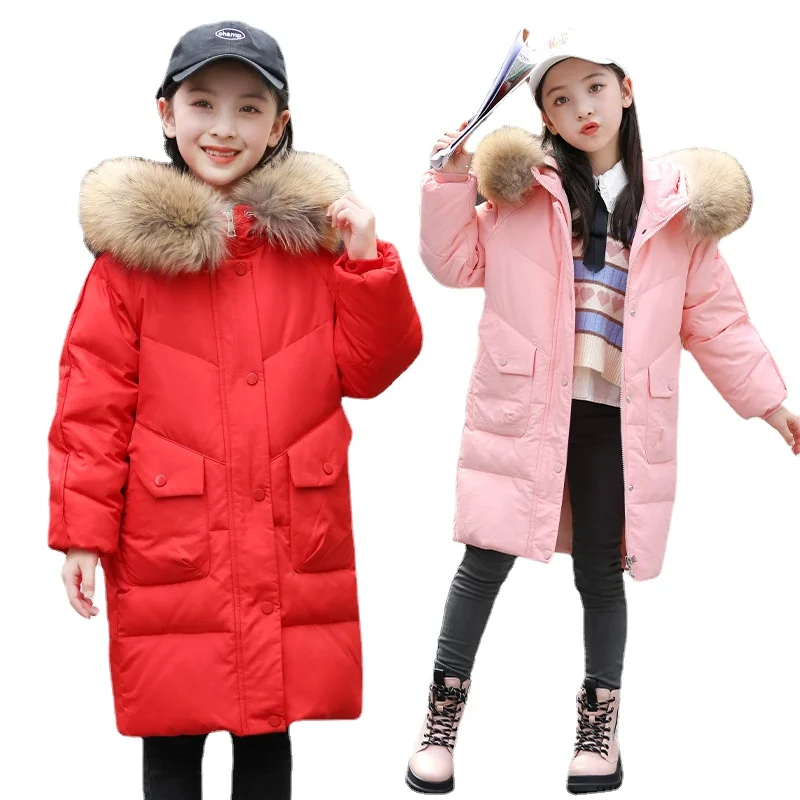 Children Girl Winter Overalls Shiny Extra Thick Outwear Down Jacket Toddler Warm Parka Fur Hooded Coat Kids Snowsuit Clothes