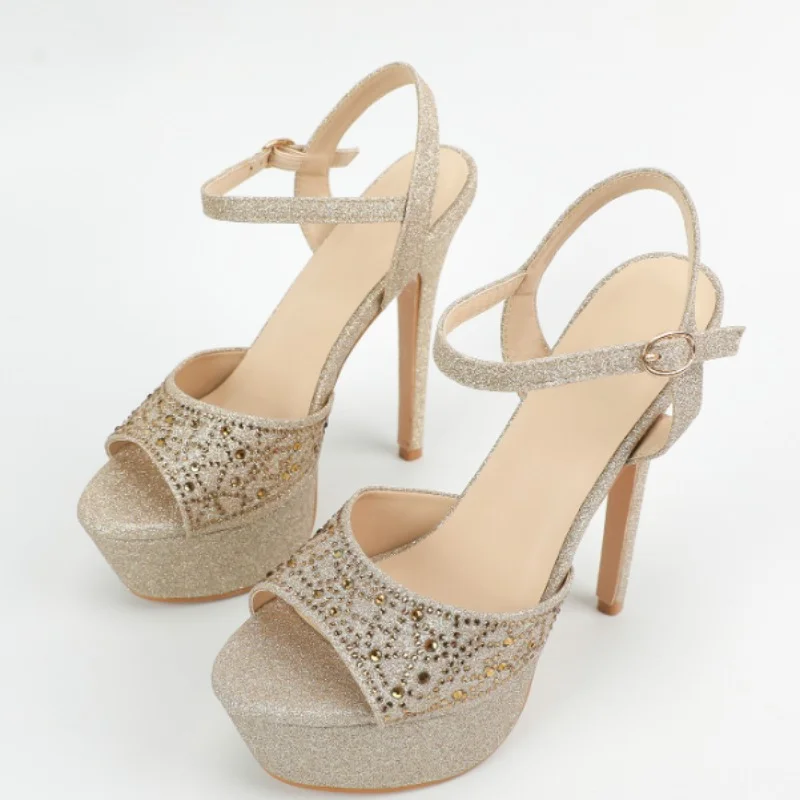 

2023 Women's New Sexy Open-toed Sandals Fashion Buckle Strap Ultra-thin Rhinestone Strap Waterproof Platform Stiletto High Heels
