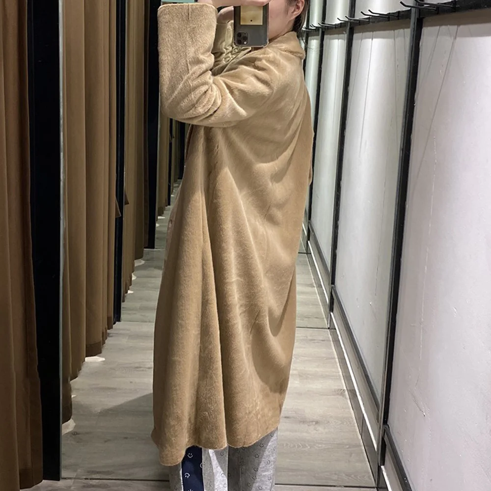 PB&ZA Women's Winter Coat Faux Fur Double-breasted Long Female Clothing Fluffy Overcoat Elegant Solid Casual Oversize Outerwear