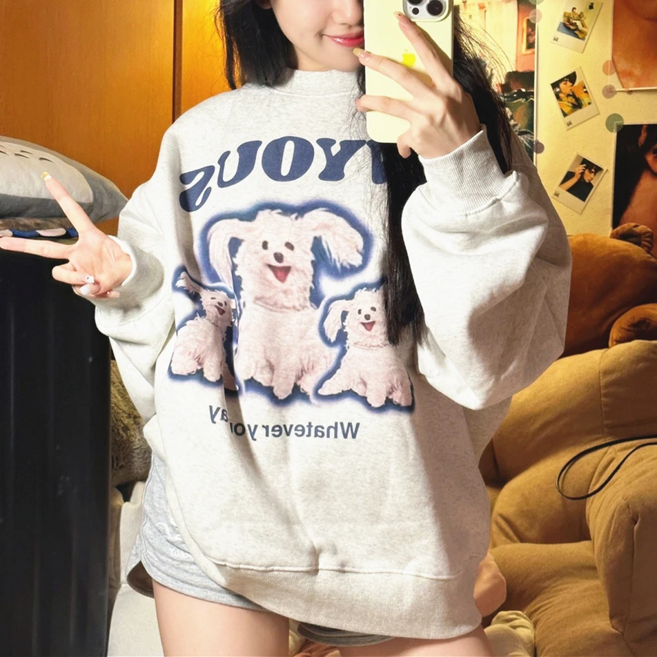 

Супермилая толстовка с рисунком собаки для студентов колледжа, Корейская дизайнерская Милая толстовка, пуловер, винтажная уличная одежда, зимняя одежда
