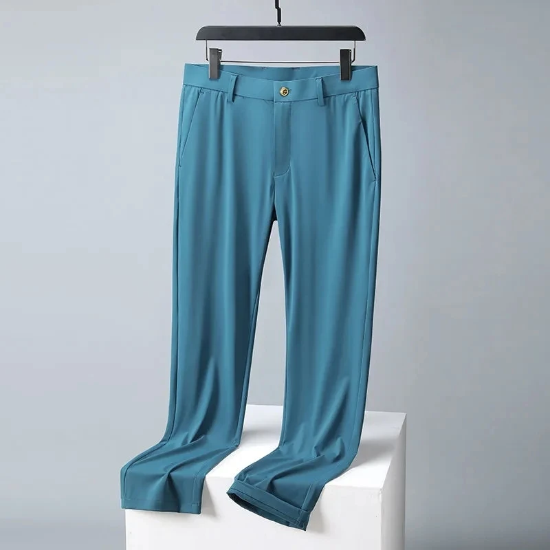 

Casual Business Blazer Pants Men Long Ice Silk Breathable Stretched Slim Thin New Summer Straight Fashion Formal Suit Trousers