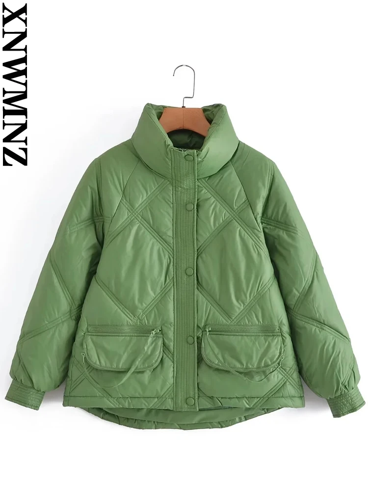 XNWMNZ 2022 women fashion diamond-shaped lattice cotton padded clothes woman loose short winter coat female chic cotton jacket