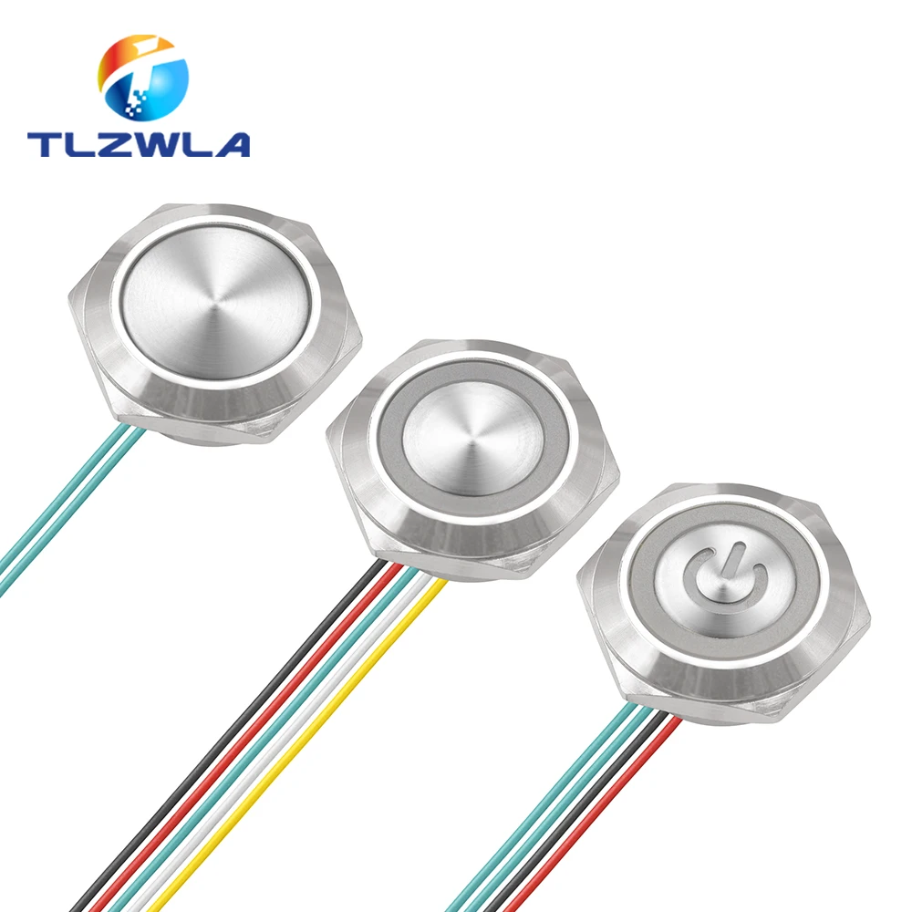 16/19/22mm Ultra Short LED Light Switch 12V 24V Momentary Self Reset Waterproof Metal Push Button with Wire