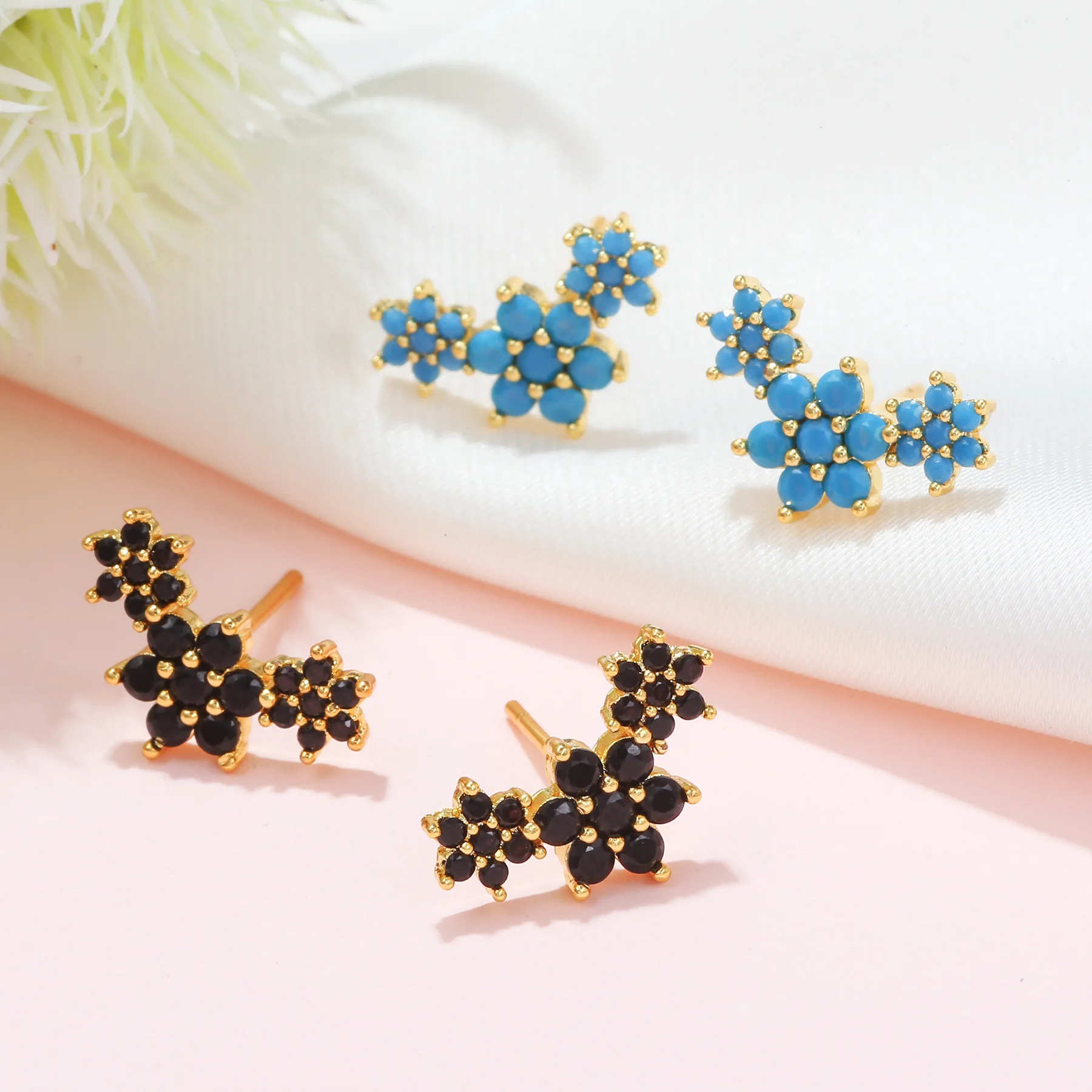 

925 Silver Needle White/Black/Turquoise Zircon Stud Earrings for Women Korean Personalized Sweet Plum Flower Earrings Jewelry