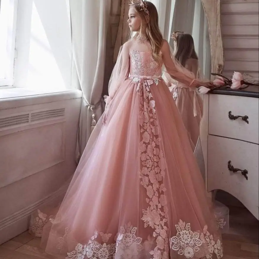 

Пыльное розовое Цветочное платье для девочек, кружевное платье принцессы с аппликацией для гостей на свадьбу, платье с длинным рукавом для девочек