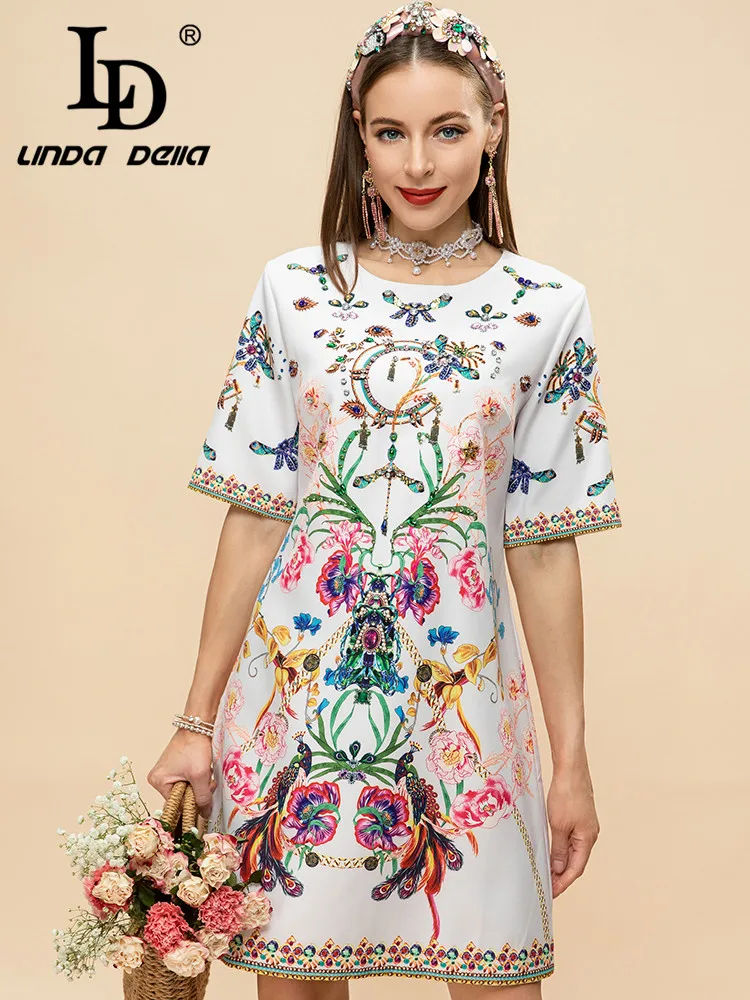 

LD LINDA DELLA Summer Fashion Runway Short Dress Women's Short sleeve Luxury Crystal Beading Floral Vintage Party Mini Dress