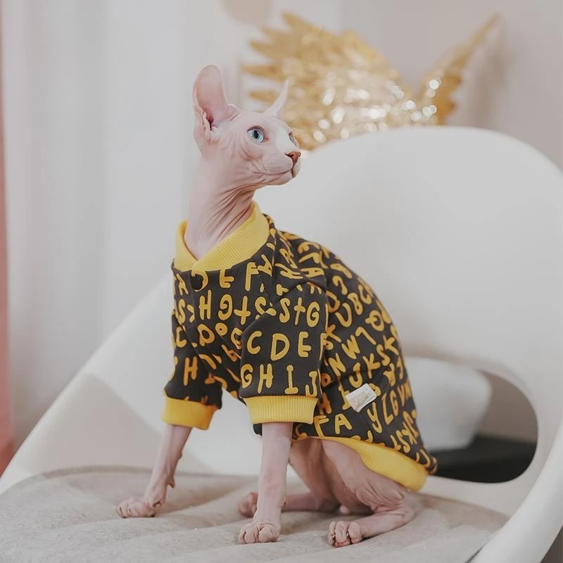 

Cats Clothing Sphynx Cat Soft Cotton Yellow Coat Baseball uniform Warm Letter Print Jacket for Kittens for Devon Rex in Winter