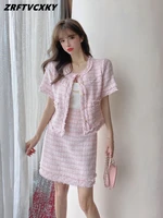 new small fragrance tweed two piece set women short sleeve jacket coat fashion mini skirt suits vintage summer 2 piece outfits