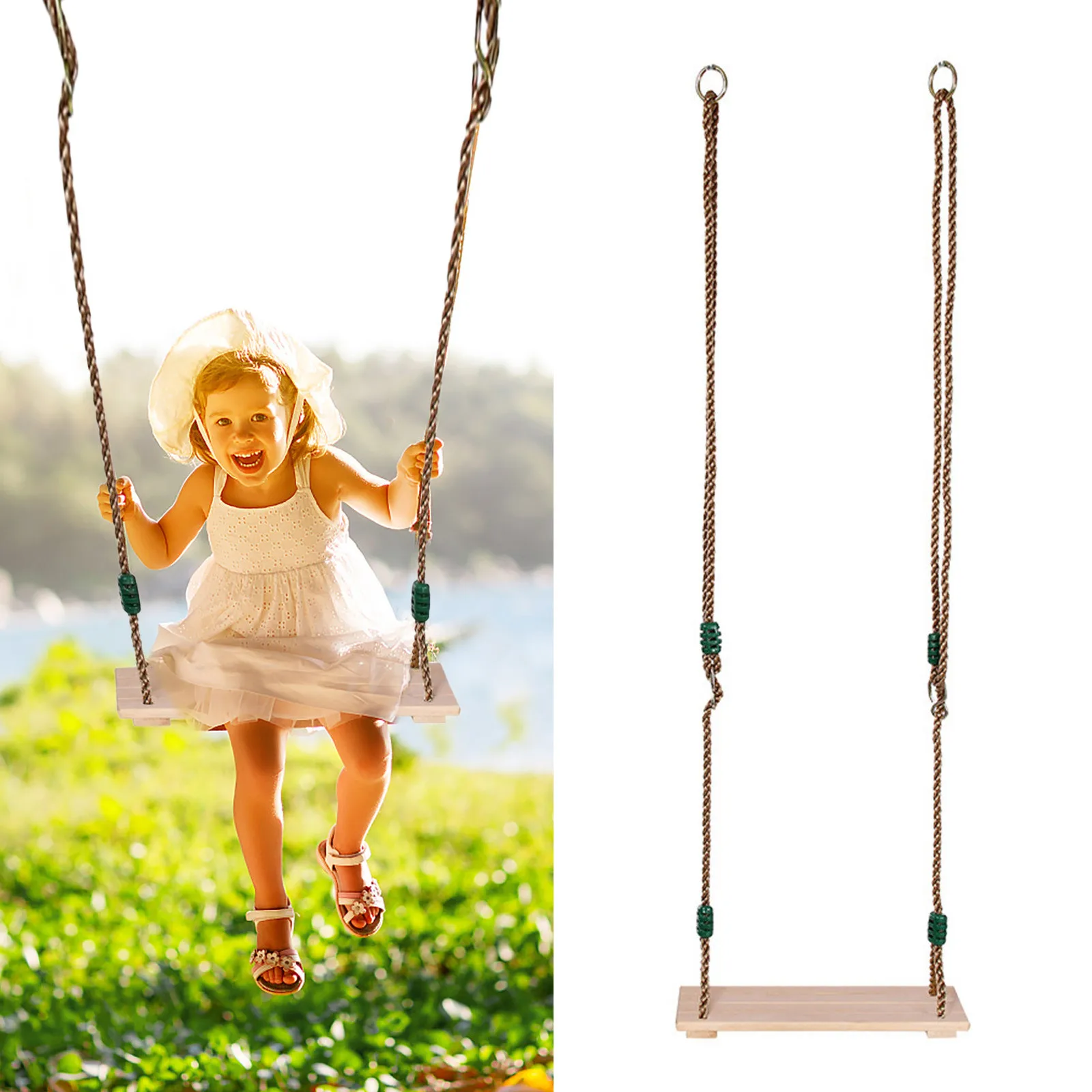 

Classic Wooden Swing Seat with Strong Swing Rope Height-adjustable Hanging Swing for Indoor Outdoor Kids Toys for Children