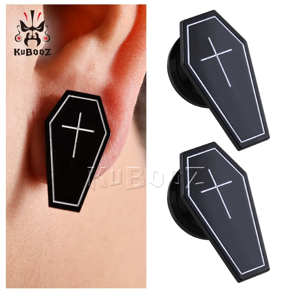 KUBOOZ Stylish Acrylic Cross Coffin Black Ear Plugs Earrings Piercing Tunnels Gauges Expanders Body Jewelry Stretchers 2PCS