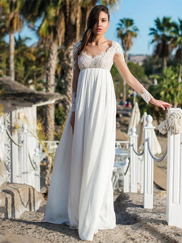 

Сексуальное свадебное платье А-силуэта с длинными кружевными рукавами и открытой спиной, свадебное платье со шлейфом, женское платье