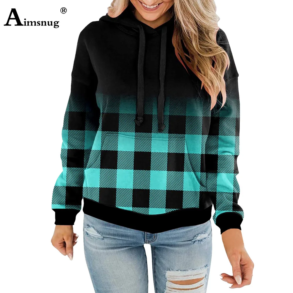 Aimsnug Large Big Women Elegant Fashion Gradient Plaid Sweatshirt 2023 New Spring Pocket Hooded Top Streetwear Women's Pullovers