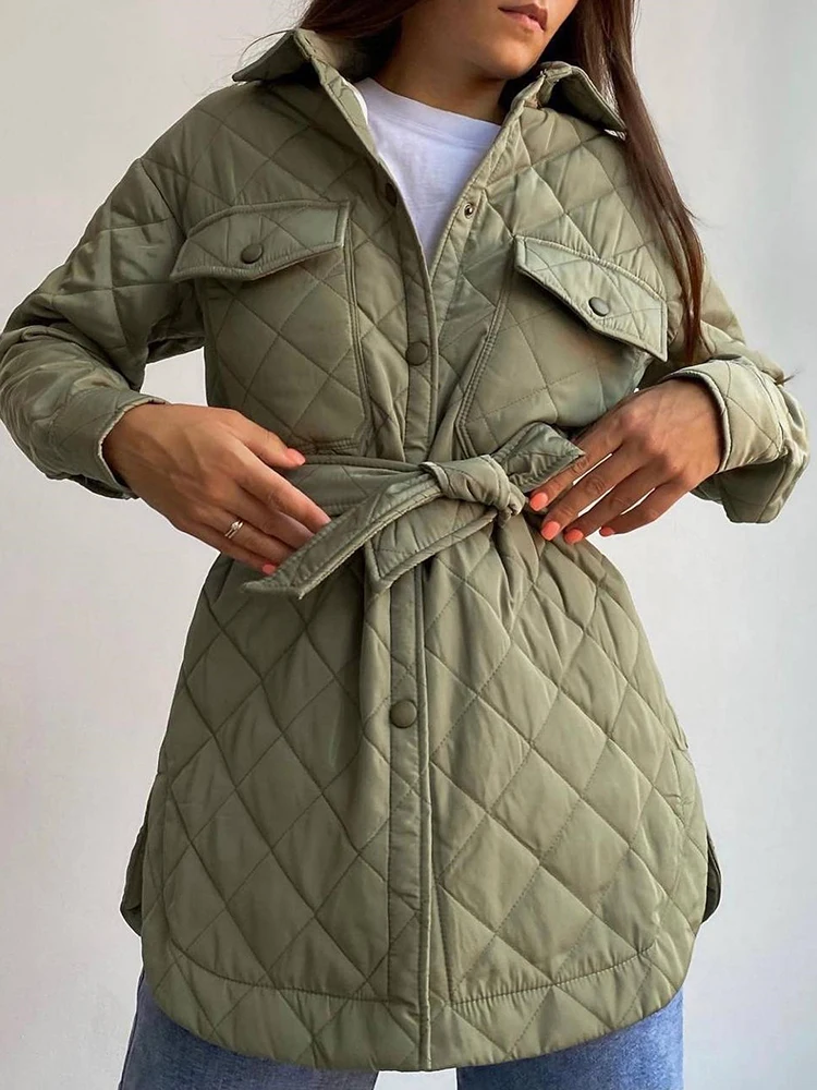 WeiYao Autumn Winter Parkas Long Sleeve Quilted Coats and Jackets for Women Warm Belt Trench Coats Down Jackets Clothes