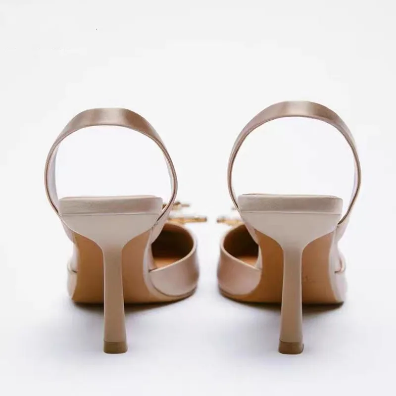 Сандалии женские на высоком каблуке туфли-лодочки с острым носком и стразами