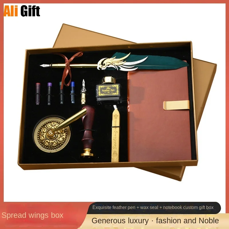 

European Retro Feather Pen Set Wholesale Ink Tube Fountain Pen Feather Notebook with Ink Bag Fire Paint Seal Gift Box