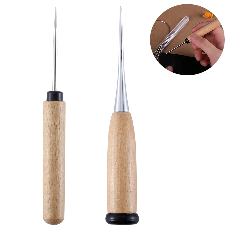 

KRABALL 2 PCS Wooden Handle Awl Leather Sewing Awl Hand Stitching Awl for Punch Stitching Sewing Leather Craft Drillable Tools