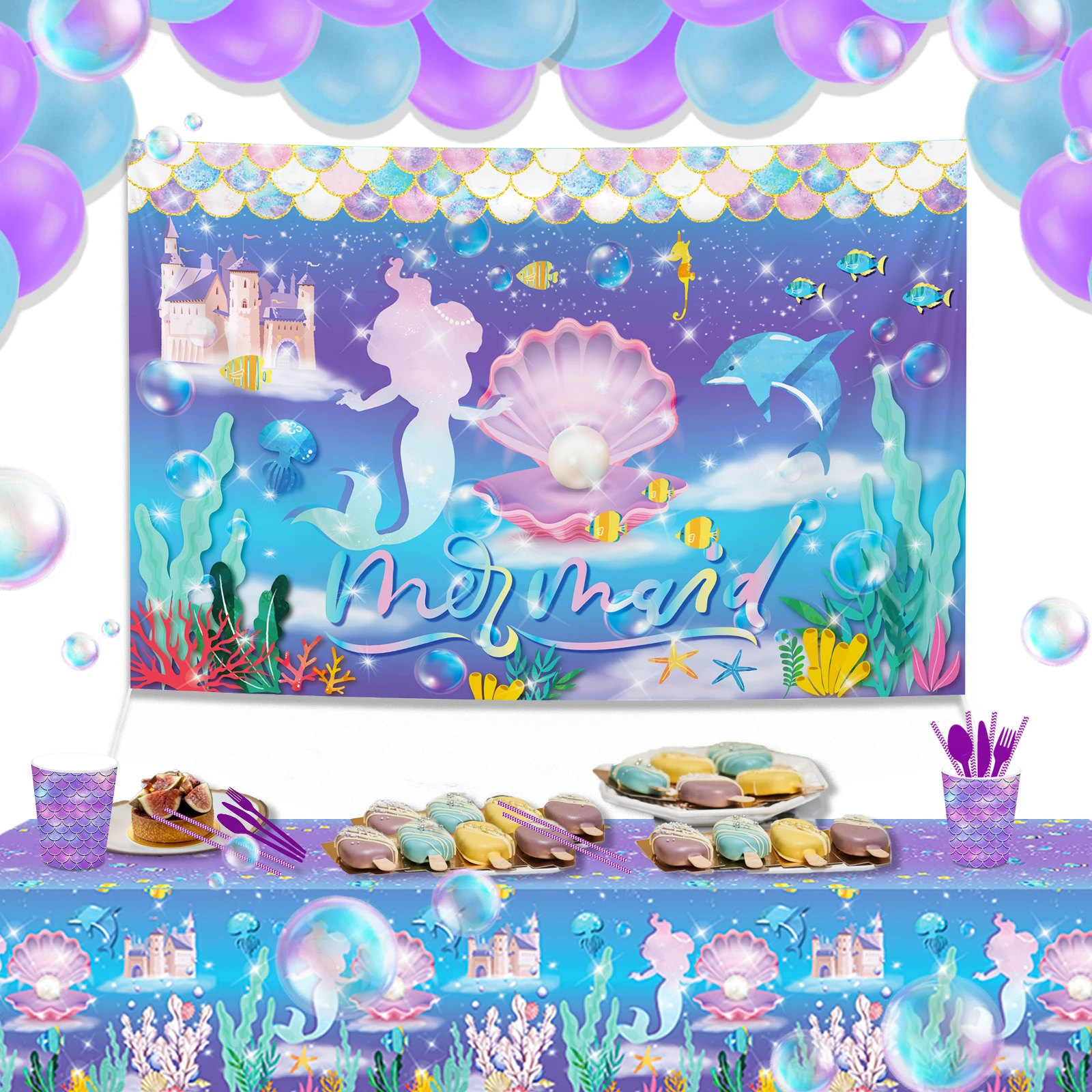 

100*150cm Cartoon Mermaid Sea Shell Photo Backdrop DIY Baby Shower Birthday Party Background Wall Banner Decoration Supplies