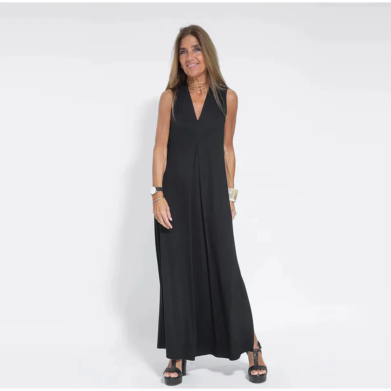 

Fashionable Sleeveless Long Office Women's Dress 2023 Summer New Elegant Side Split Casual Pleated Solid V-Neck Dress