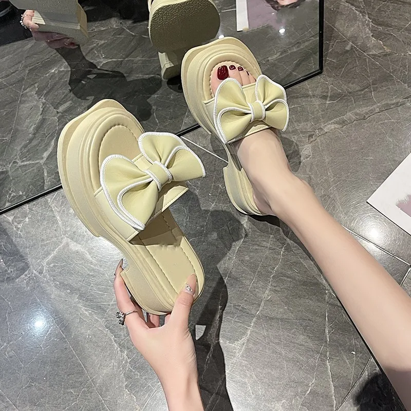 

Сандалии женские на среднем каблуке, толстая подошва, бант, летние босоножки с ремешком на пятке, модные повседневные пляжные тапочки, 2023