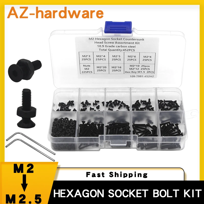 

M2 M2.5 Hexagon Socket Flat Head Bolts Kit Carbon Steel Hex Hexagon Socket Countersunk Bolt and Nut Screw Set