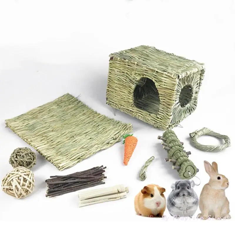 

10pcs/set Chew Stick Grinding Toy Bites Toy Teeth Cleaner Wood Branch Molar Toy Grass Mats Cage for Hamster Chinchillas Rabbit