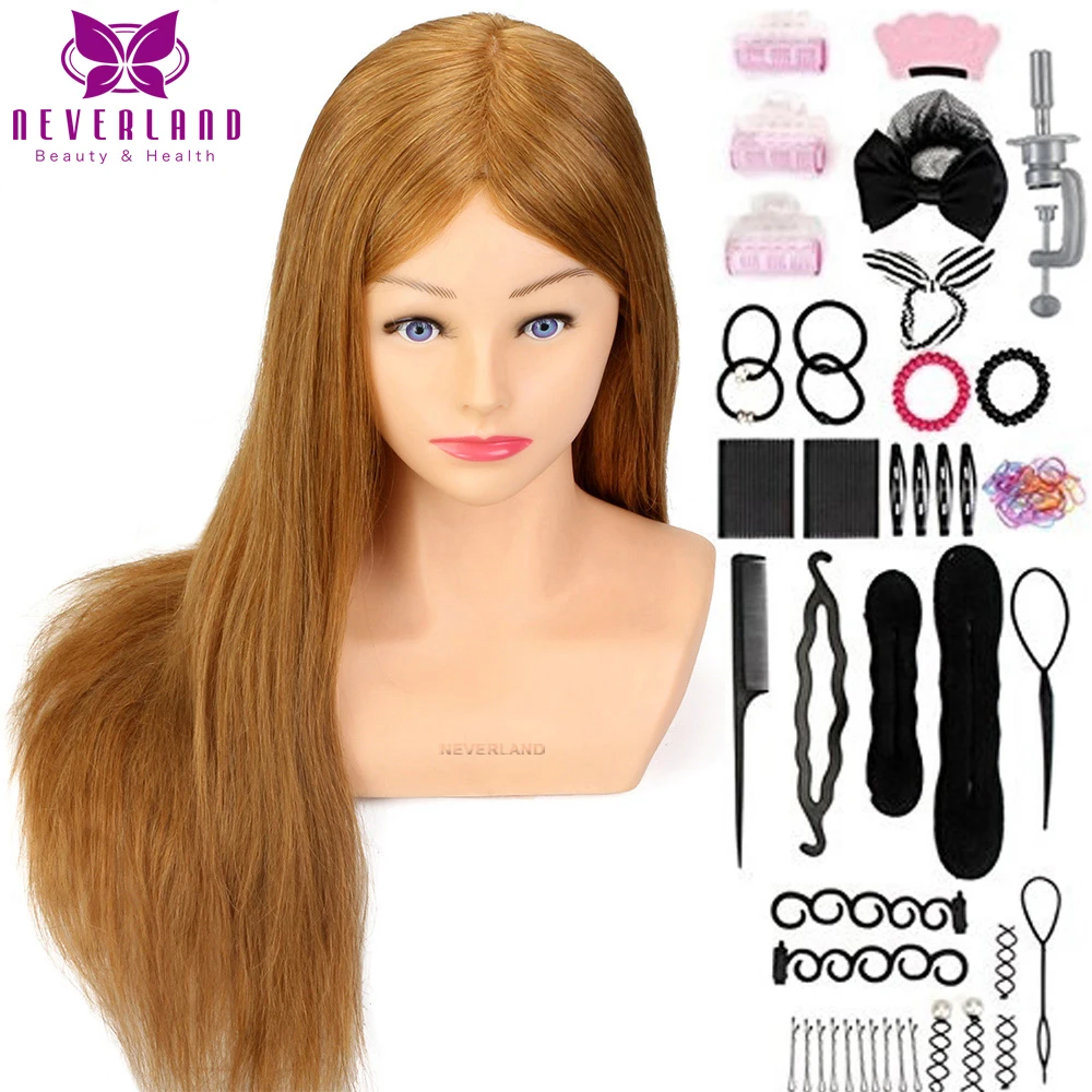 Mannequin Head 24'' 100% Real Hair with Shoulder Hairdressing Head Hairstyles Dummy Doll Braiding Practice Training Head Kit
