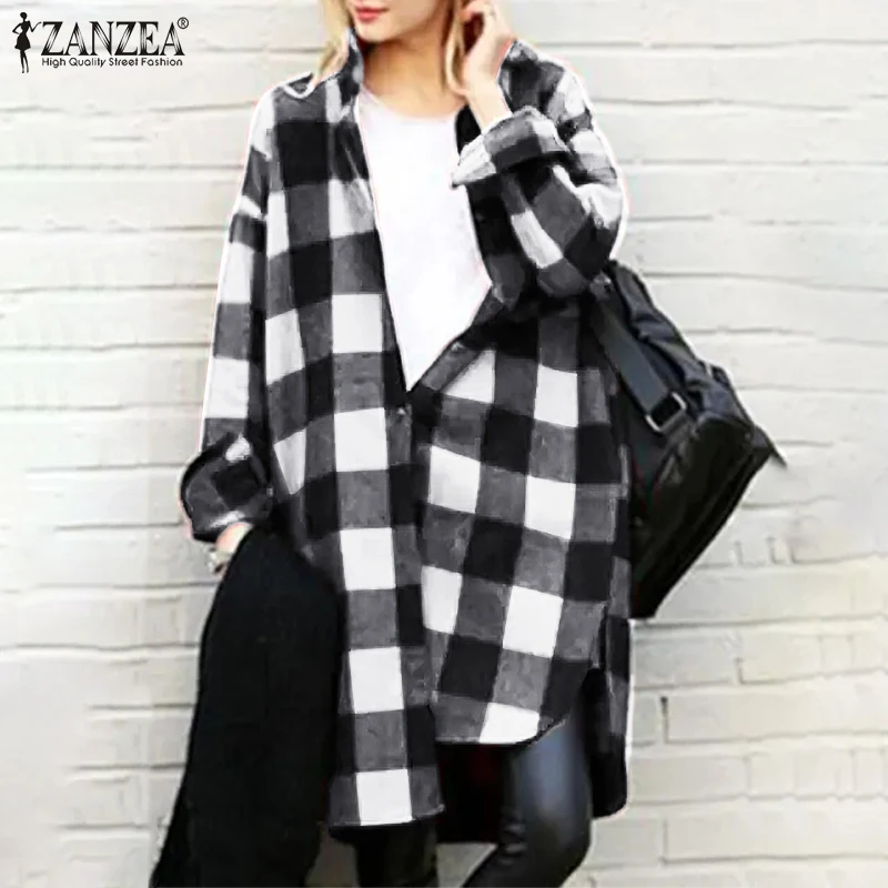 

2022 Vintage Women Plaid Shirt Blouse Casual Long Sleeve OL Tops Tunic Oversized ZANZEA Spring Autumn Female Loose Blusa Chemise