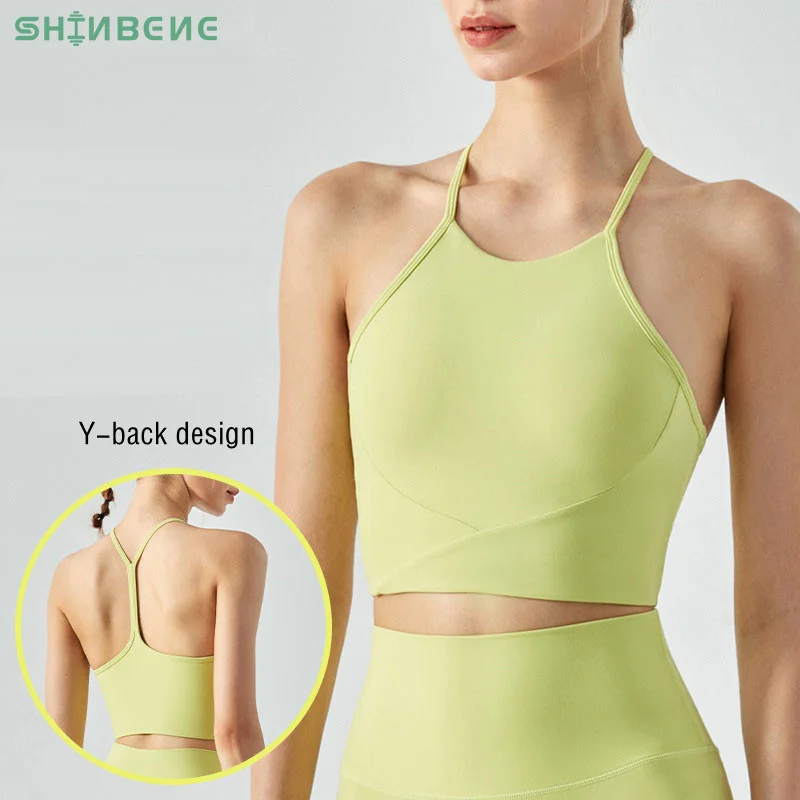 

SHINBENE High Neck Y Back Naked Feel Yoga Running Bra Women Backless Shockproof Sling Vest Workout Fitness Sport Padded Crop Top