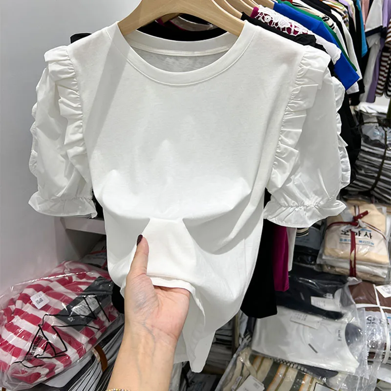 

White T Shirt Women Puff Sleeve Cotton T Shirts Female Clothes Casual Tee Shirt Femme 2023 Short Sleeve Tops Summer Camisetas