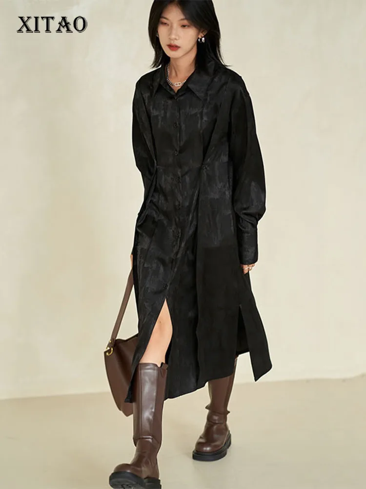 

XITAO Casual Pleated Dress Vintage Solid Black Print Shirt Dress Fashion Simplicity Temperament Turn-down Collar Women WMD3986