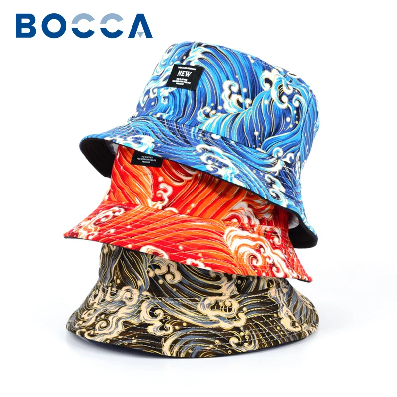 

Bocca Printed Bucket Hat Reversible Bucket Hats Sea Wave Printing Double Sides Foldable Cotton Outdoor Sunscreen