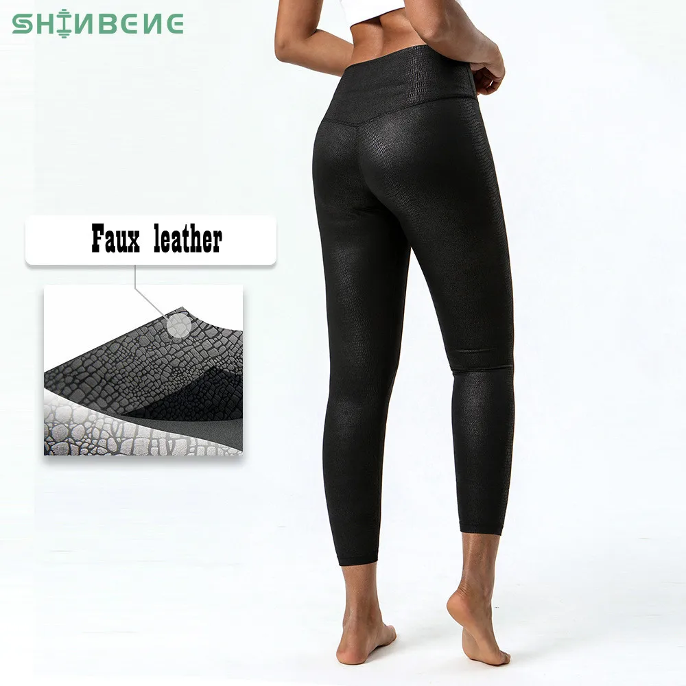 

SHINBENE 25" Faux Leather High Waist Yoga Sport Leggings Women Y Hipline Plus Size Workout Fitness Leggings Gym Tights XS-XL